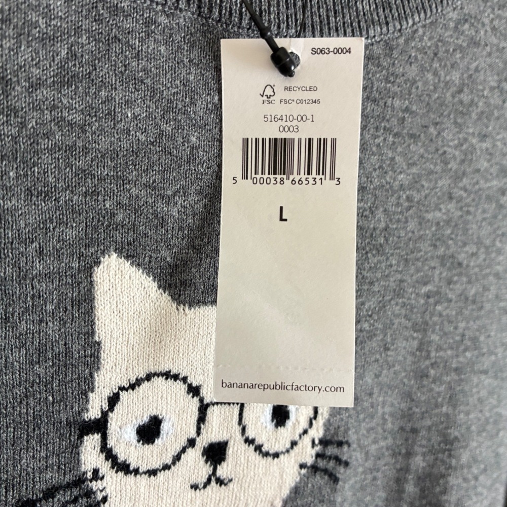 Banana Republic Womens L Gray Cat Glasses Intarsia Cotton Sweater NWT - Picture 4 of 10